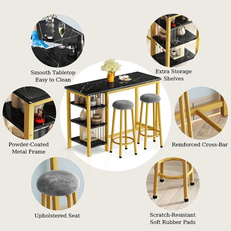 Ensemble de table de bar Grondin moderne contemporain 3 pièces en faux marbre avec 2 tabourets rembourrés et étagères de rangement supplémentaires