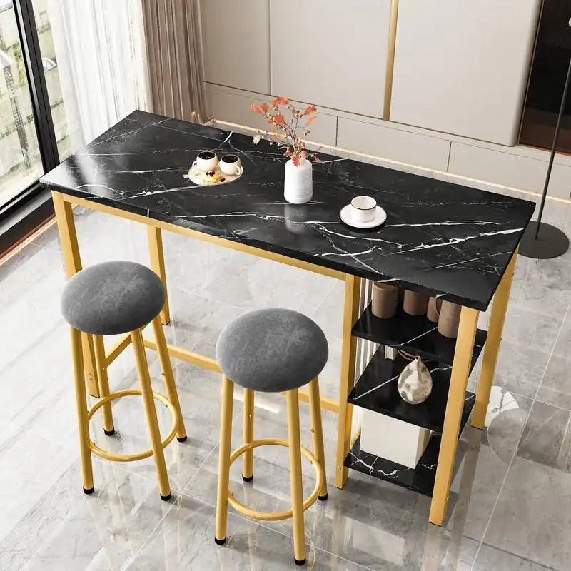 Ensemble de table de bar Grondin moderne contemporain 3 pièces en faux marbre avec 2 tabourets rembourrés et étagères de rangement supplémentaires