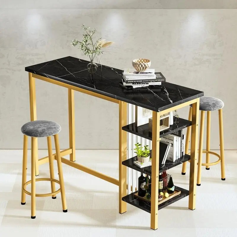 Ensemble de table de bar Grondin moderne contemporain 3 pièces en faux marbre avec 2 tabourets rembourrés et étagères de rangement supplémentaires