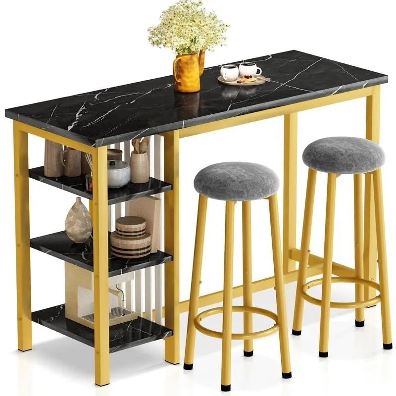 Ensemble de table de bar Grondin moderne contemporain 3 pièces en faux marbre avec 2 tabourets rembourrés et étagères de rangement supplémentaires