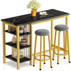Ensemble de table de bar Grondin moderne contemporain 3 pièces en faux marbre avec 2 tabourets rembourrés et étagères de rangement supplémentaires