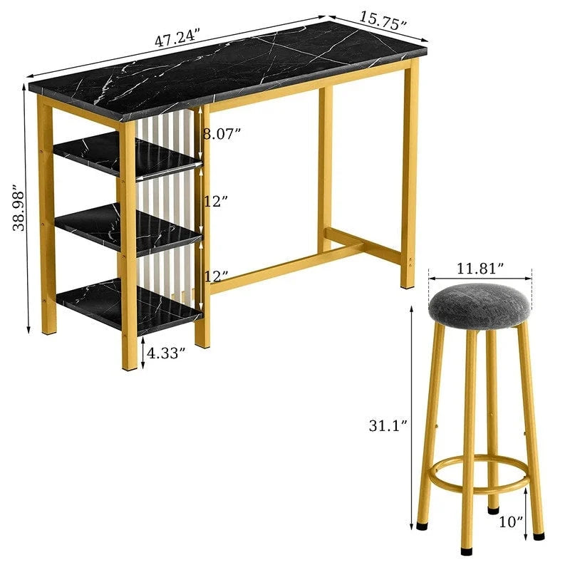 Ensemble de table de bar Grondin moderne contemporain 3 pièces en faux marbre avec 2 tabourets rembourrés et étagères de rangement supplémentaires