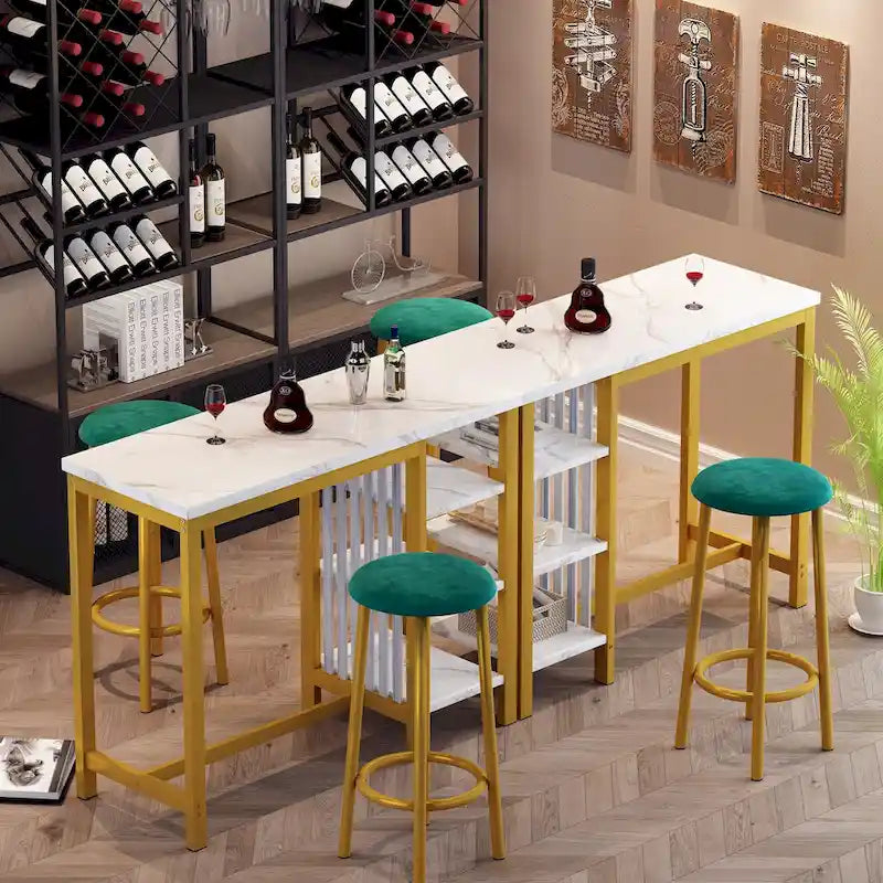 Ensemble de table de bar Grondin moderne contemporain 3 pièces en faux marbre avec 2 tabourets rembourrés et étagères de rangement supplémentaires