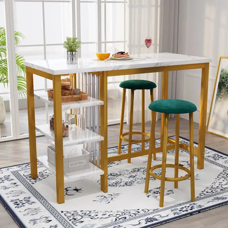 Ensemble de table de bar Grondin moderne contemporain 3 pièces en faux marbre avec 2 tabourets rembourrés et étagères de rangement supplémentaires