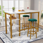 Ensemble de table de bar Grondin moderne contemporain 3 pièces en faux marbre avec 2 tabourets rembourrés et étagères de rangement supplémentaires