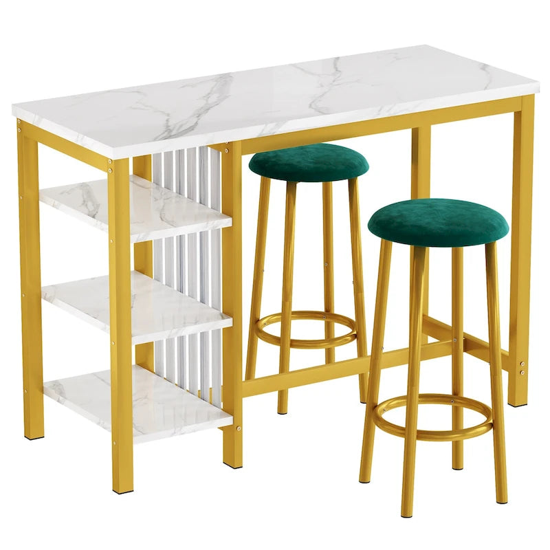 Ensemble de table de bar Grondin moderne contemporain 3 pièces en faux marbre avec 2 tabourets rembourrés et étagères de rangement supplémentaires