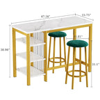 Ensemble de table de bar Grondin moderne contemporain 3 pièces en faux marbre avec 2 tabourets rembourrés et étagères de rangement supplémentaires