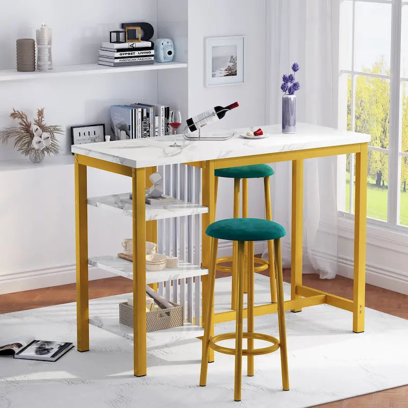 Ensemble de table de bar Grondin moderne contemporain 3 pièces en faux marbre avec 2 tabourets rembourrés et étagères de rangement supplémentaires