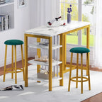 Ensemble de table de bar Grondin moderne contemporain 3 pièces en faux marbre avec 2 tabourets rembourrés et étagères de rangement supplémentaires