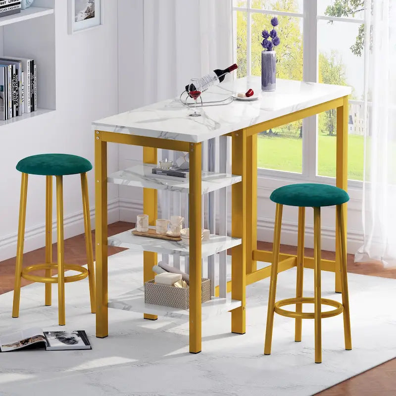 Ensemble de table de bar Grondin moderne contemporain 3 pièces en faux marbre avec 2 tabourets rembourrés et étagères de rangement supplémentaires