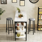 Ensemble de table de bar Grondin moderne contemporain 3 pièces en faux marbre avec 2 tabourets rembourrés et étagères de rangement supplémentaires