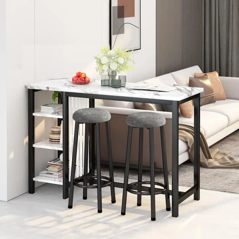 Ensemble de table de bar Grondin moderne contemporain 3 pièces en faux marbre avec 2 tabourets rembourrés et étagères de rangement supplémentaires