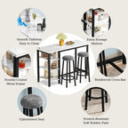 Ensemble de table de bar Grondin moderne contemporain 3 pièces en faux marbre avec 2 tabourets rembourrés et étagères de rangement supplémentaires