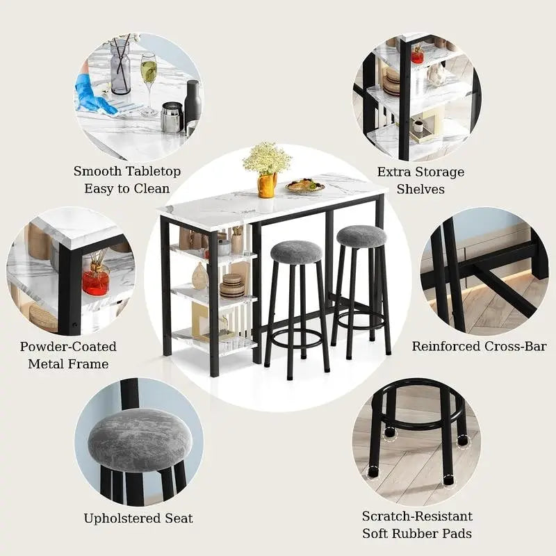 Ensemble de table de bar Grondin moderne contemporain 3 pièces en faux marbre avec 2 tabourets rembourrés et étagères de rangement supplémentaires
