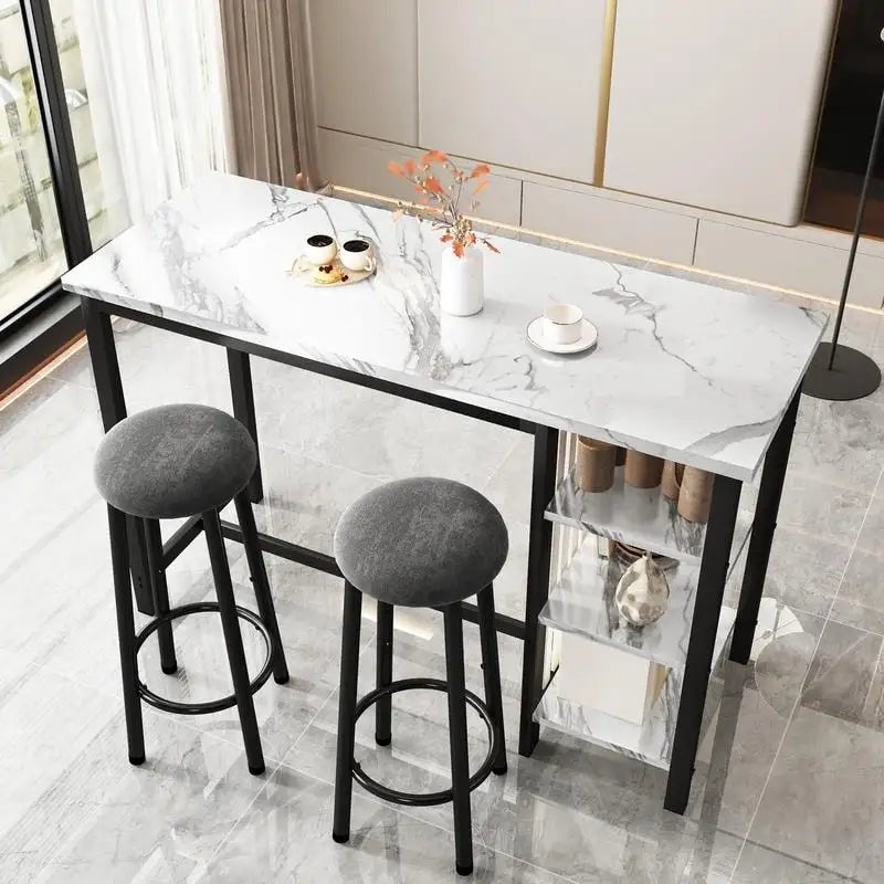Ensemble de table de bar Grondin moderne contemporain 3 pièces en faux marbre avec 2 tabourets rembourrés et étagères de rangement supplémentaires