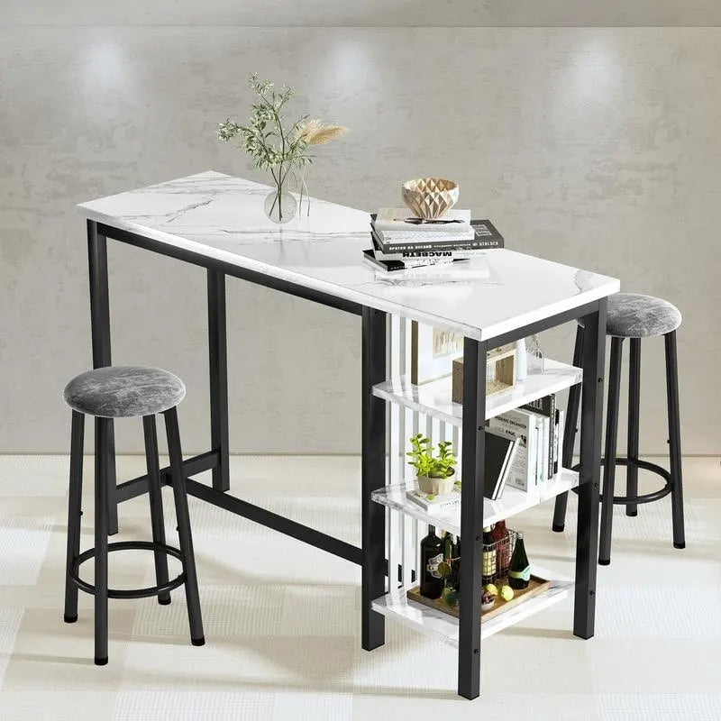 Ensemble de table de bar Grondin moderne contemporain 3 pièces en faux marbre avec 2 tabourets rembourrés et étagères de rangement supplémentaires