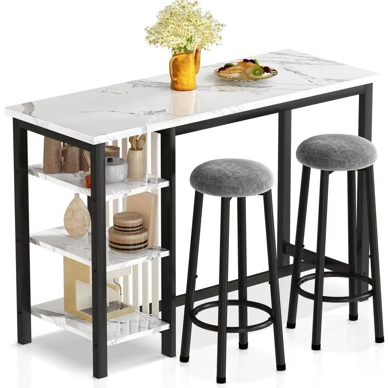 Ensemble de table de bar Grondin moderne contemporain 3 pièces en faux marbre avec 2 tabourets rembourrés et étagères de rangement supplémentaires