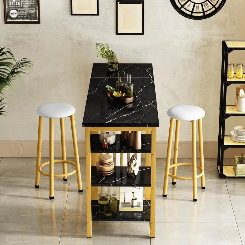 Ensemble de table de bar Grondin moderne contemporain 3 pièces en faux marbre avec 2 tabourets rembourrés et étagères de rangement supplémentaires