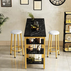 Ensemble de table de bar Grondin moderne contemporain 3 pièces en faux marbre avec 2 tabourets rembourrés et étagères de rangement supplémentaires