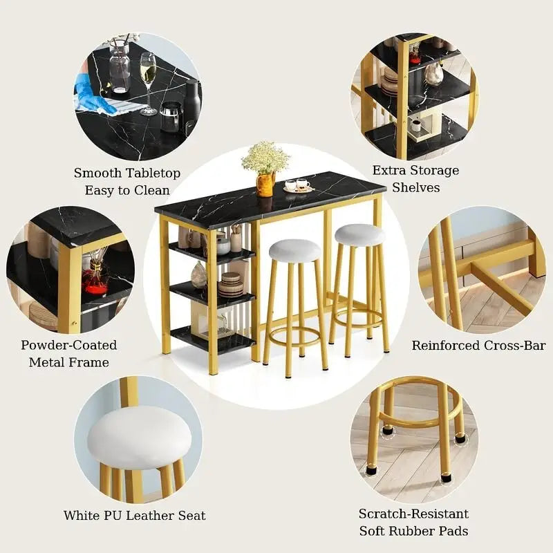 Ensemble de table de bar Grondin moderne contemporain 3 pièces en faux marbre avec 2 tabourets rembourrés et étagères de rangement supplémentaires