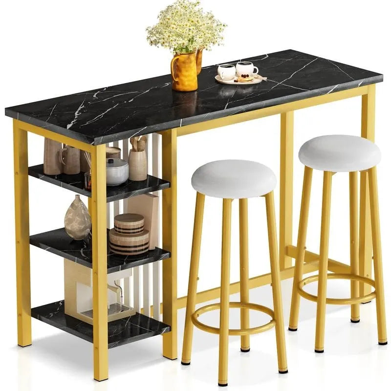 Ensemble de table de bar Grondin moderne contemporain 3 pièces en faux marbre avec 2 tabourets rembourrés et étagères de rangement supplémentaires