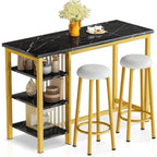 Ensemble de table de bar Grondin moderne contemporain 3 pièces en faux marbre avec 2 tabourets rembourrés et étagères de rangement supplémentaires