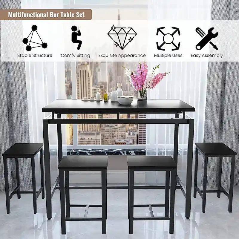 Ensemble de salle à manger pour 4 personnes, tables de cuisine et de salle à manger industrielles avec 4 tabourets carrés, ensemble de table de bar hauteur comptoir