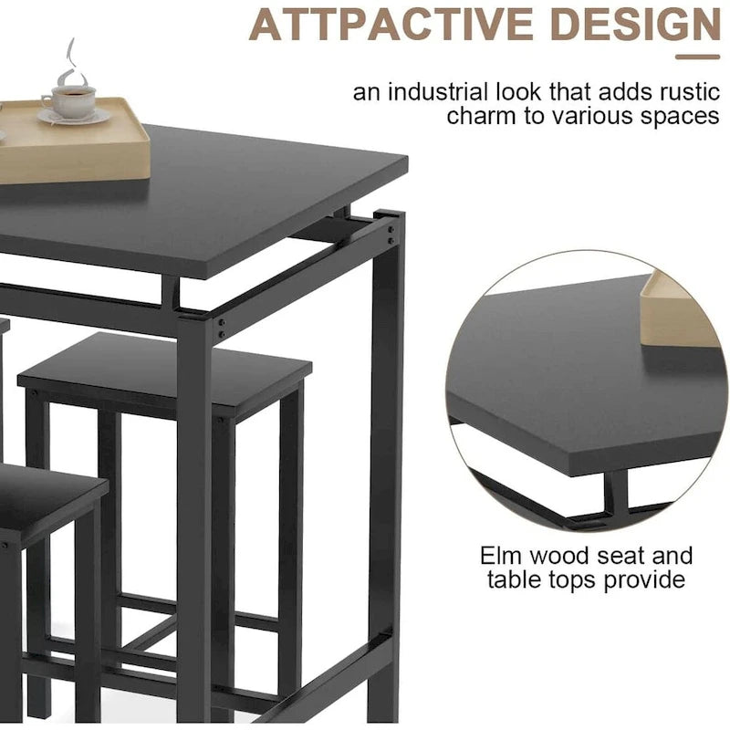 Ensemble de salle à manger pour 4 personnes, tables de cuisine et de salle à manger industrielles avec 4 tabourets carrés, ensemble de table de bar hauteur comptoir