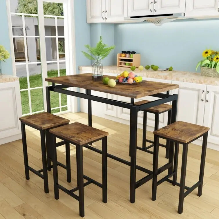 Ensemble de salle à manger pour 4 personnes, tables de cuisine et de salle à manger industrielles avec 4 tabourets carrés, ensemble de table de bar hauteur comptoir