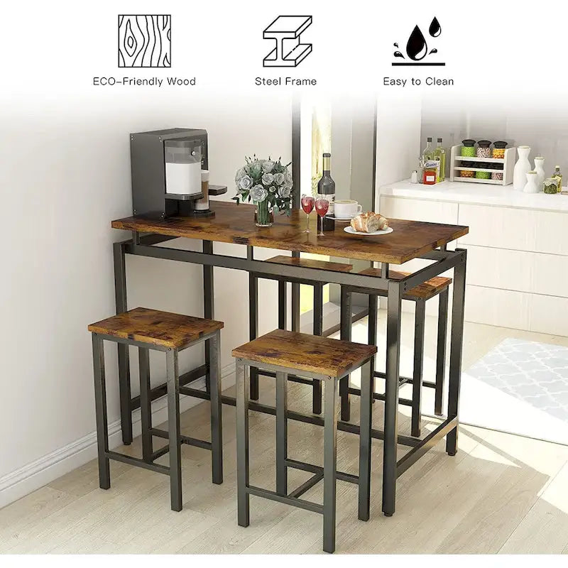 Ensemble de salle à manger pour 4 personnes, tables de cuisine et de salle à manger industrielles avec 4 tabourets carrés, ensemble de table de bar hauteur comptoir
