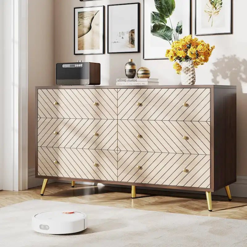 Commode à 6 tiroirs avec pieds en métal pour chambre à coucher, salon, entrée