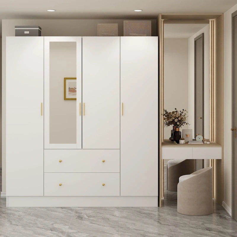Armoire penderie en bois avec miroir 4 portes 2 tiroirs