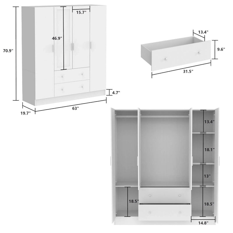 Armoire penderie en bois avec miroir 4 portes 2 tiroirs
