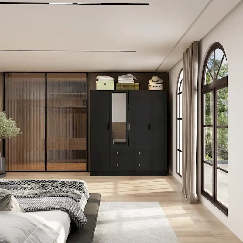 Armoire penderie en bois avec miroir 4 portes 2 tiroirs