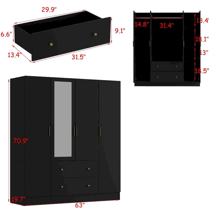 Armoire penderie en bois avec miroir 4 portes 2 tiroirs