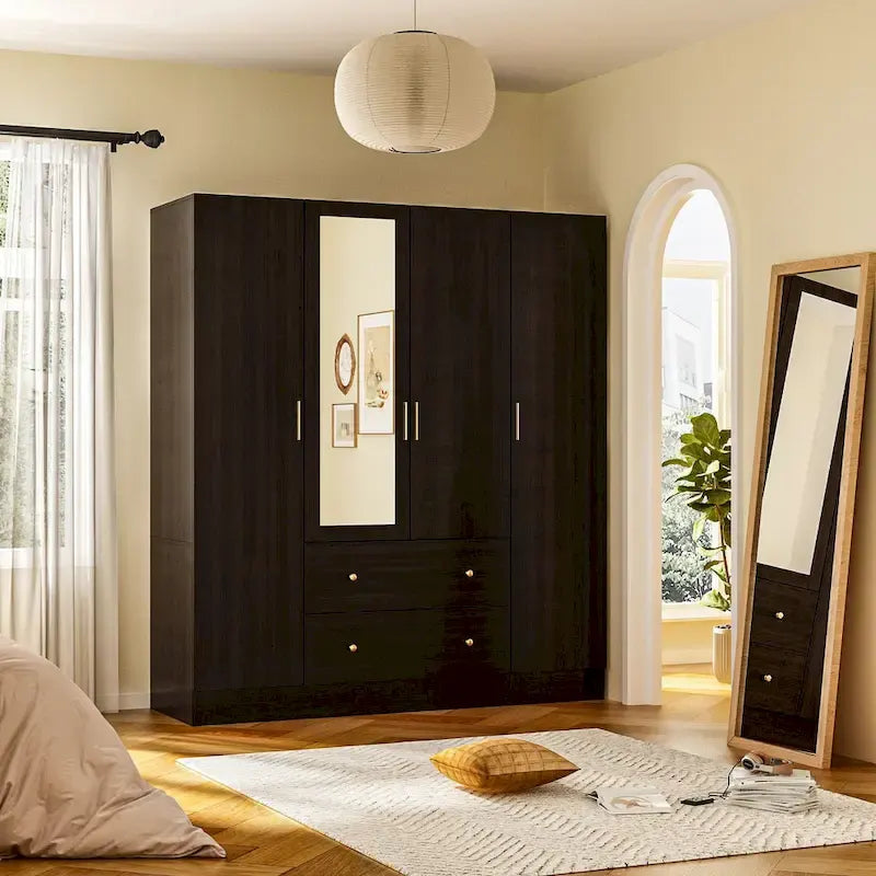 Armoire penderie en bois avec miroir 4 portes 2 tiroirs