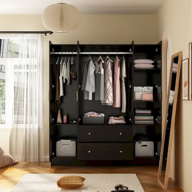 Armoire penderie en bois avec miroir 4 portes 2 tiroirs