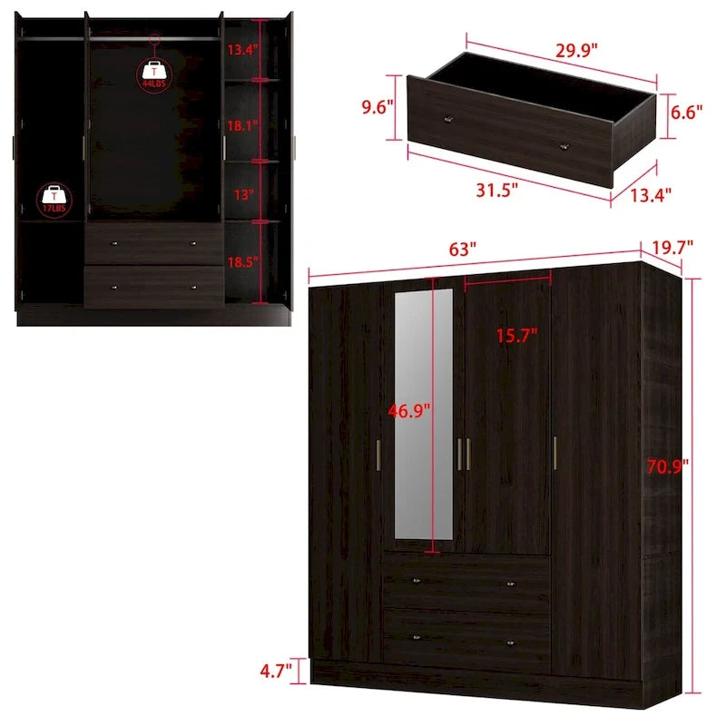 Armoire penderie en bois avec miroir 4 portes 2 tiroirs