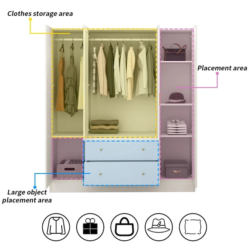 Armoire penderie en bois avec miroir 4 portes 2 tiroirs