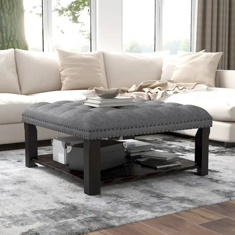 Pouf de rangement cocktail transitionnel en lin capitonné avec clous décoratifs