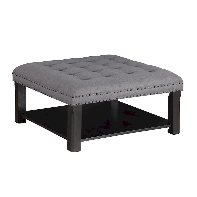 Pouf de rangement cocktail transitionnel en lin capitonné avec clous décoratifs