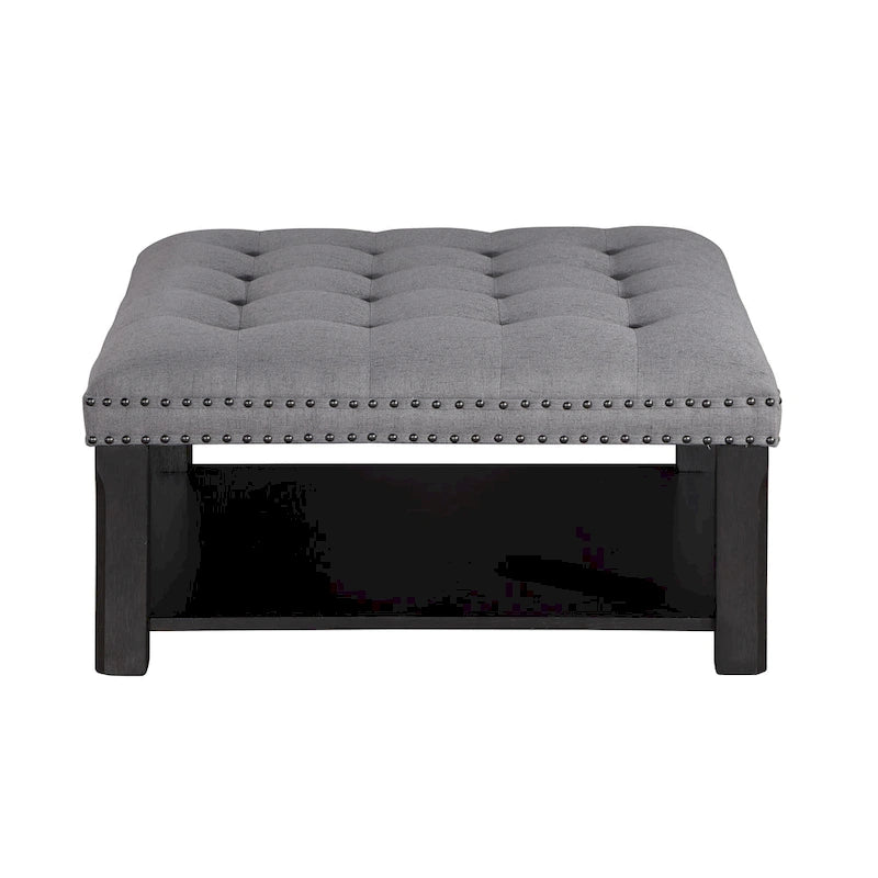 Pouf de rangement cocktail transitionnel en lin capitonné avec clous décoratifs