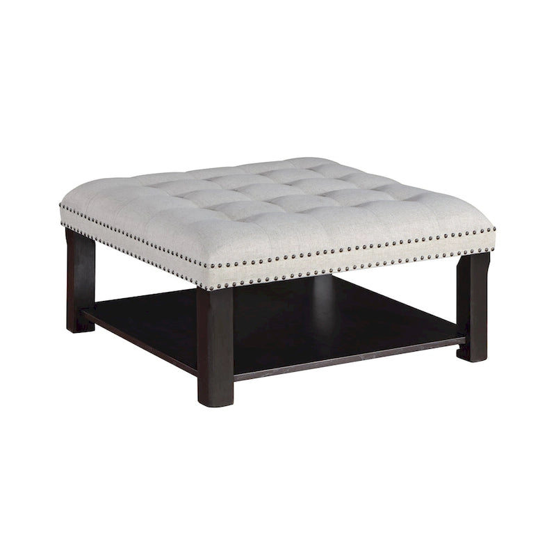 Pouf de rangement cocktail transitionnel en lin capitonné avec clous décoratifs