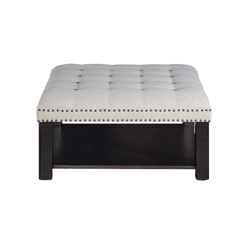 Pouf de rangement cocktail transitionnel en lin capitonné avec clous décoratifs