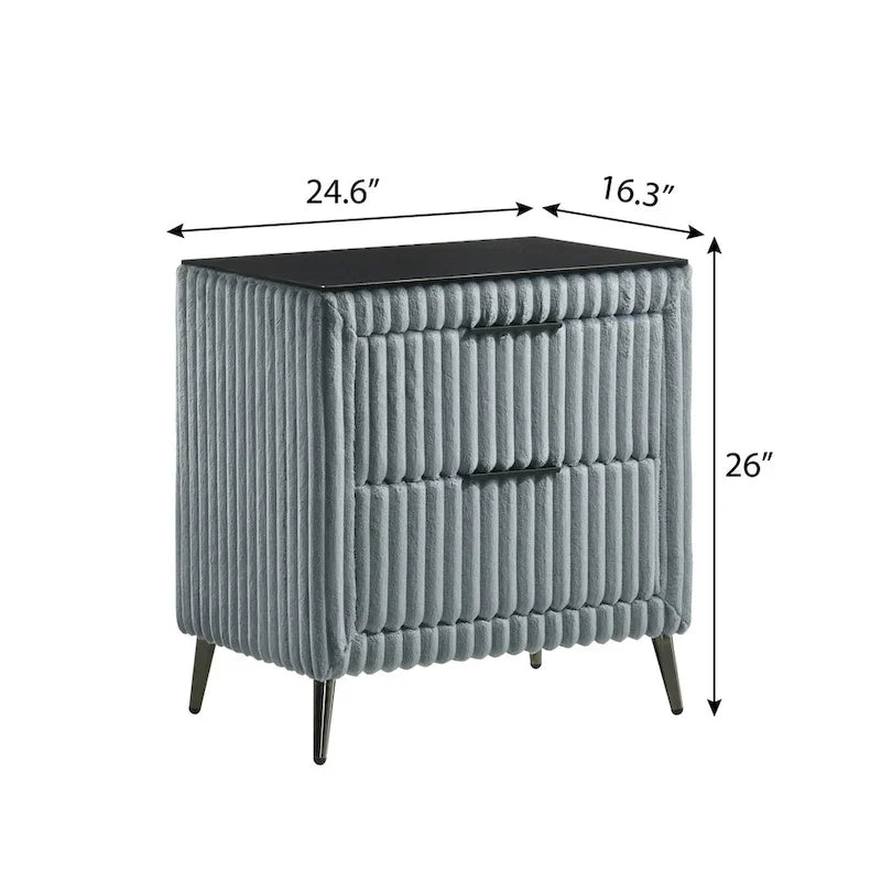 Lit capitonné en velours côtelé à larges côtes Mavela avec 2 tables de chevet et un banc, bleu