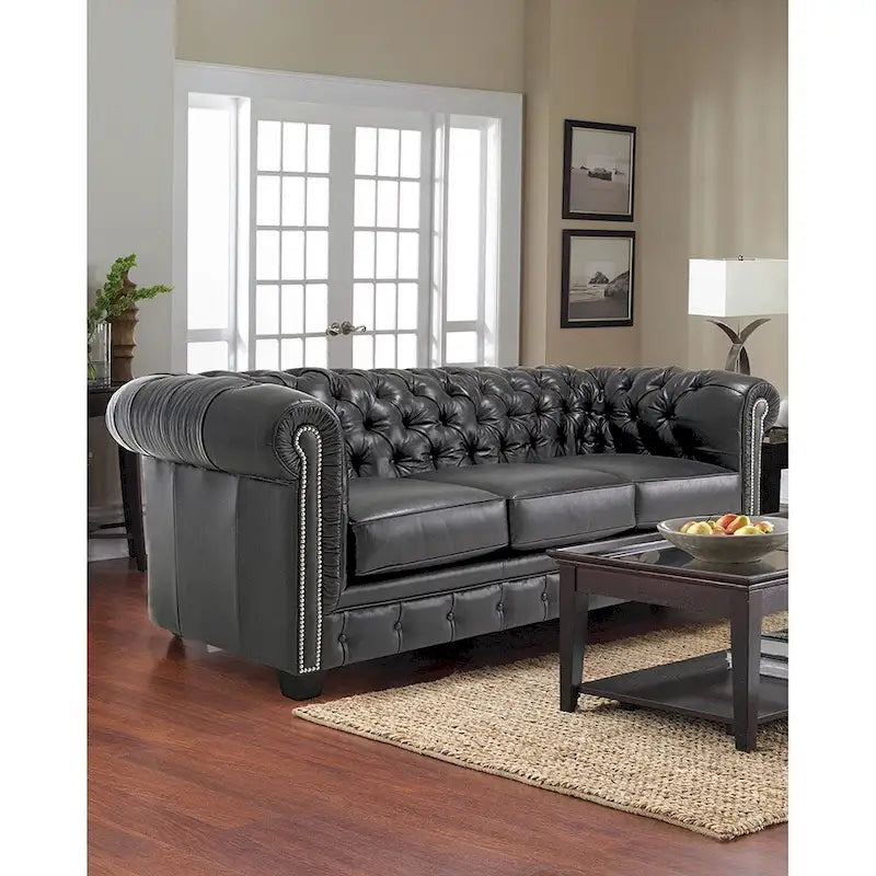 Canapé Hancock Chesterfield en cuir italien noir capitonné