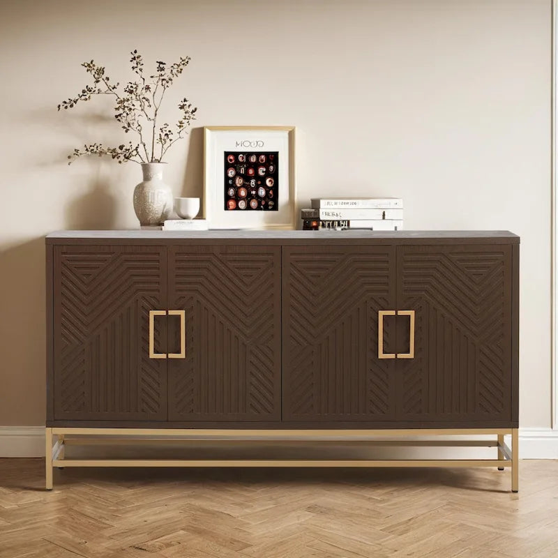 Bahut de style rétro avec étagères réglables, poignées et pieds rectangulaires en métal pour cuisine, salon et salle à manger