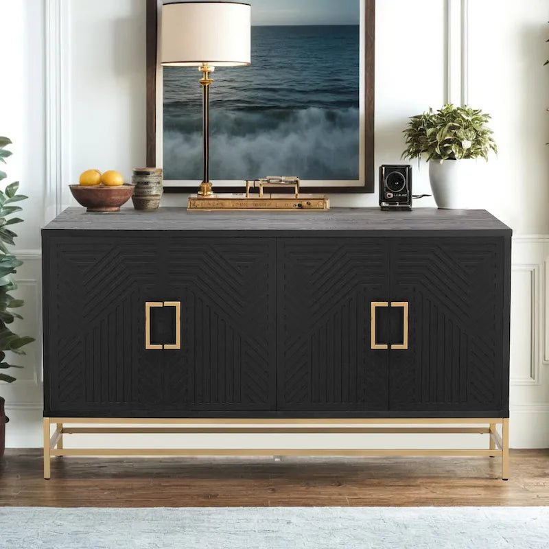 Bahut de style rétro avec étagères réglables, poignées et pieds rectangulaires en métal pour cuisine, salon et salle à manger