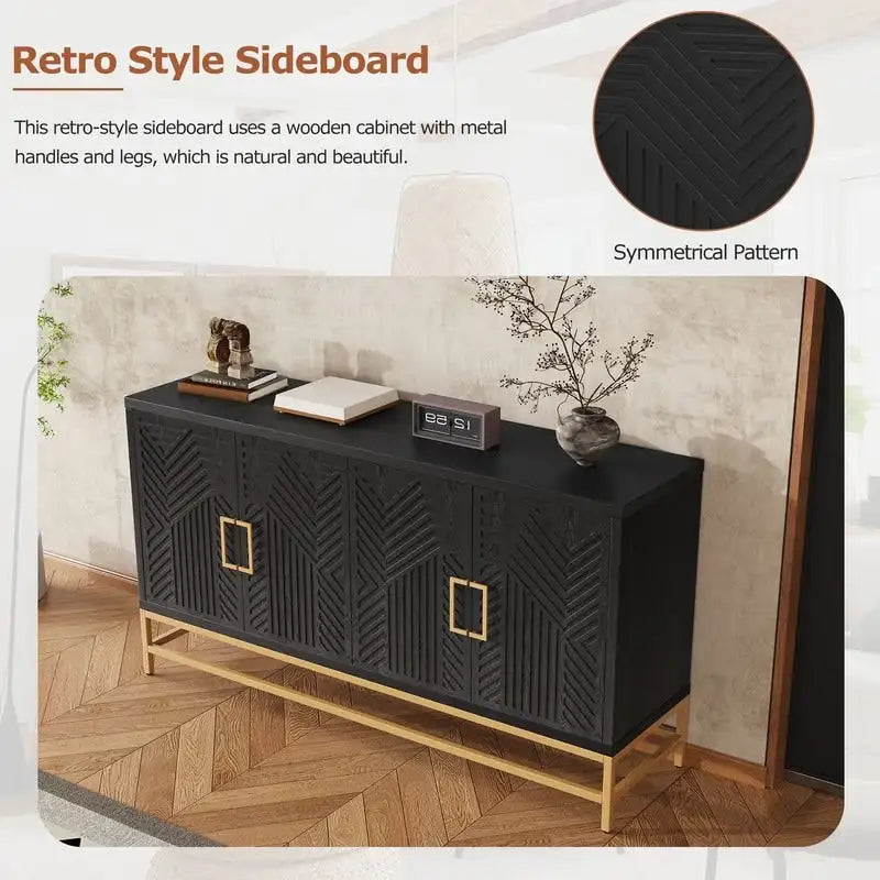 Bahut de style rétro avec étagères réglables, poignées et pieds rectangulaires en métal pour cuisine, salon et salle à manger