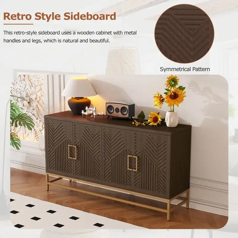 Bahut de style rétro avec étagères réglables, poignées et pieds rectangulaires en métal pour cuisine, salon et salle à manger